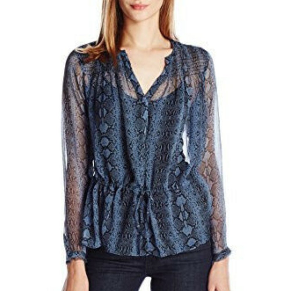 Rebecca Taylor New Blouse SILK Drawstring Top Long Sleeves Sheer Blue Women's 8